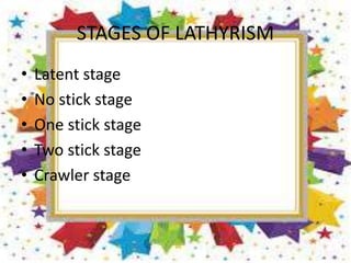 STAGES OF LATHYRISM
• Latent stage
• No stick stage
• One stick stage
• Two stick stage
• Crawler stage
 