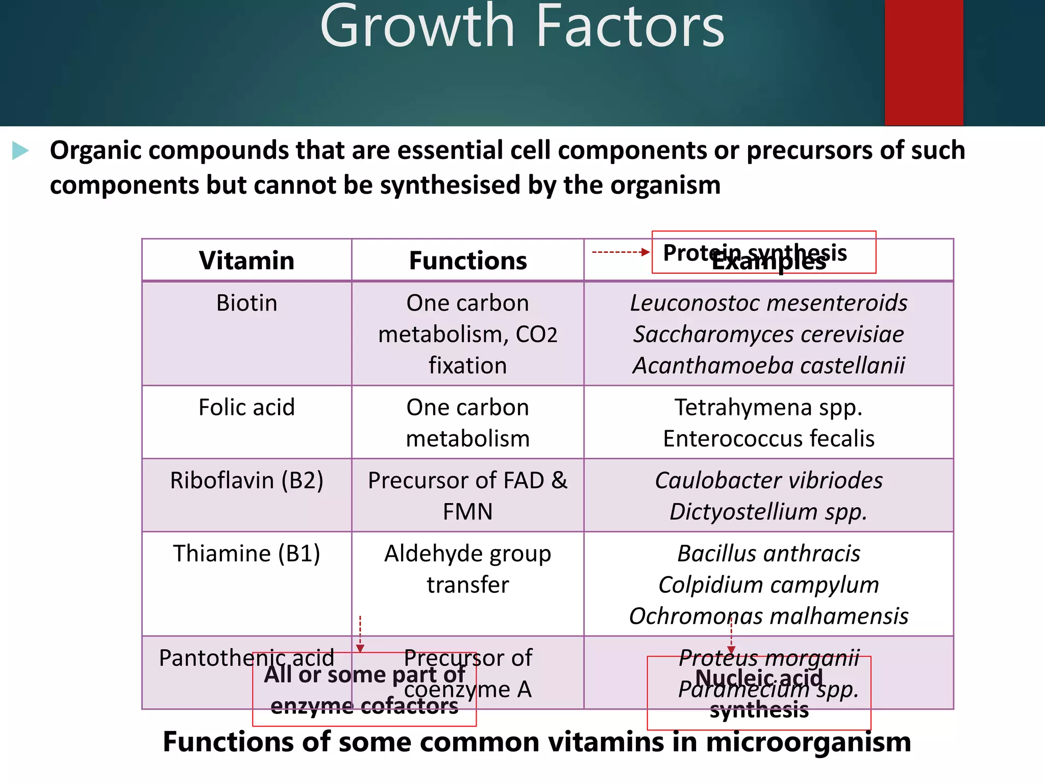 Growth Factors
 Organic compounds that are essential cell components or precursors of such
components but cannot be synthesised by the organism
Protein synthesis
Nucleic acid
synthesis
All or some part of
enzyme cofactors
Vitamin Functions Examples
Biotin One carbon
metabolism, CO2
fixation
Leuconostoc mesenteroids
Saccharomyces cerevisiae
Acanthamoeba castellanii
Folic acid One carbon
metabolism
Tetrahymena spp.
Enterococcus fecalis
Riboflavin (B2) Precursor of FAD &
FMN
Caulobacter vibriodes
Dictyostellium spp.
Thiamine (B1) Aldehyde group
transfer
Bacillus anthracis
Colpidium campylum
Ochromonas malhamensis
Pantothenic acid Precursor of
coenzyme A
Proteus morganii
Paramecium spp.
Functions of some common vitamins in microorganism
 