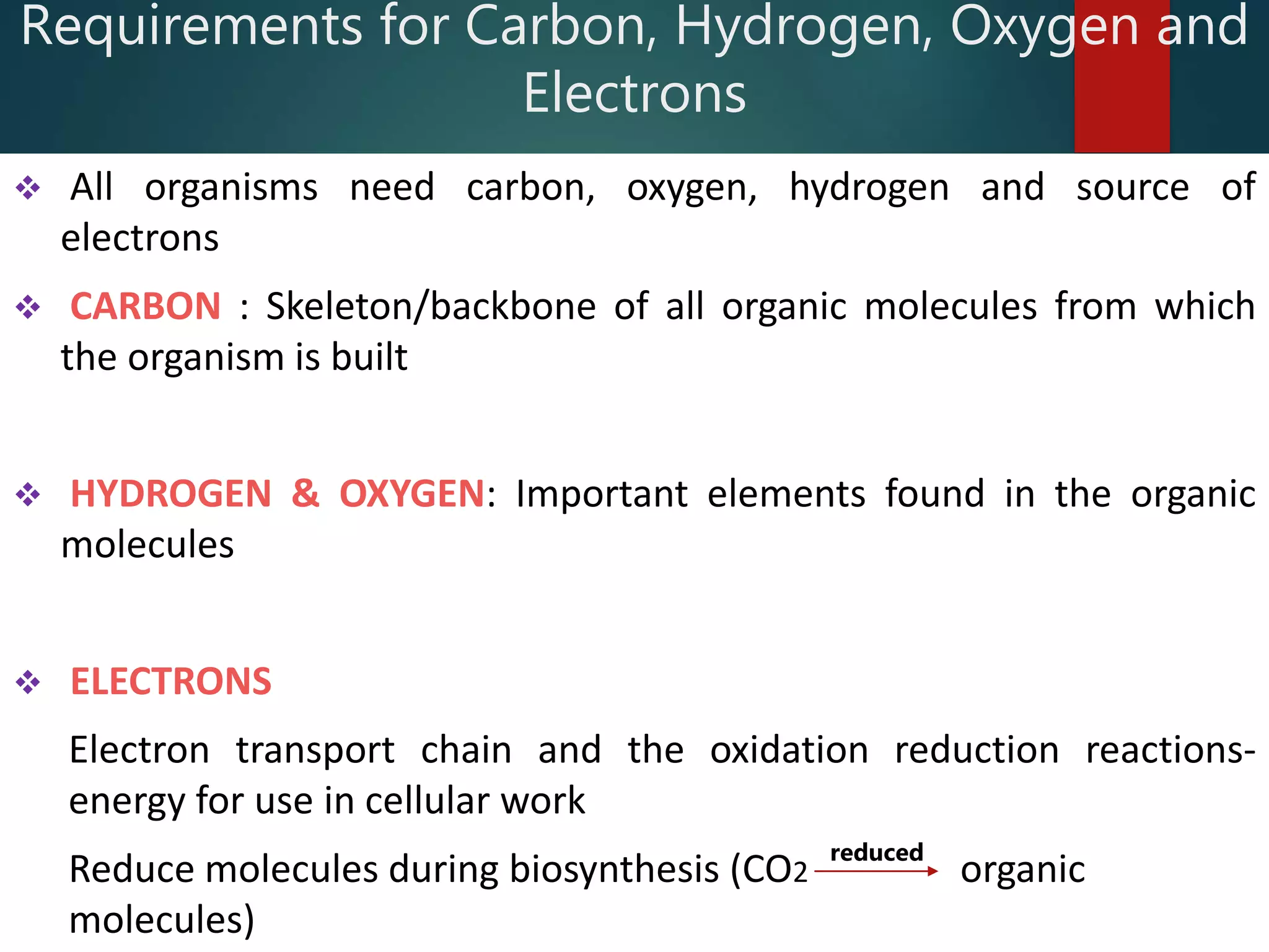 Requirements for Carbon, Hydrogen, Oxygen and
Electrons
 All organisms need carbon, oxygen, hydrogen and source of
electrons
 CARBON : Skeleton/backbone of all organic molecules from which
the organism is built
 HYDROGEN & OXYGEN: Important elements found in the organic
molecules
 ELECTRONS
Electron transport chain and the oxidation reduction reactions-
energy for use in cellular work
Reduce molecules during biosynthesis (CO2 organic
molecules)
reduced
 