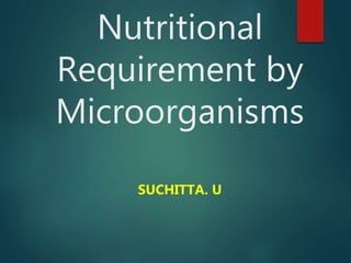 Nutritional
Requirement by
Microorganisms
SUCHITTA. U
 