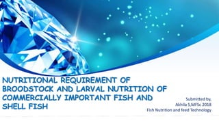 NUTRITIONAL REQUIREMENT OF
BROODSTOCK AND LARVAL NUTRITION OF
COMMERCIALLY IMPORTANT FISH AND
SHELL FISH
Submitted by,
Akhila S,MFSc 2018
Fish Nutrition and feed Technology
 