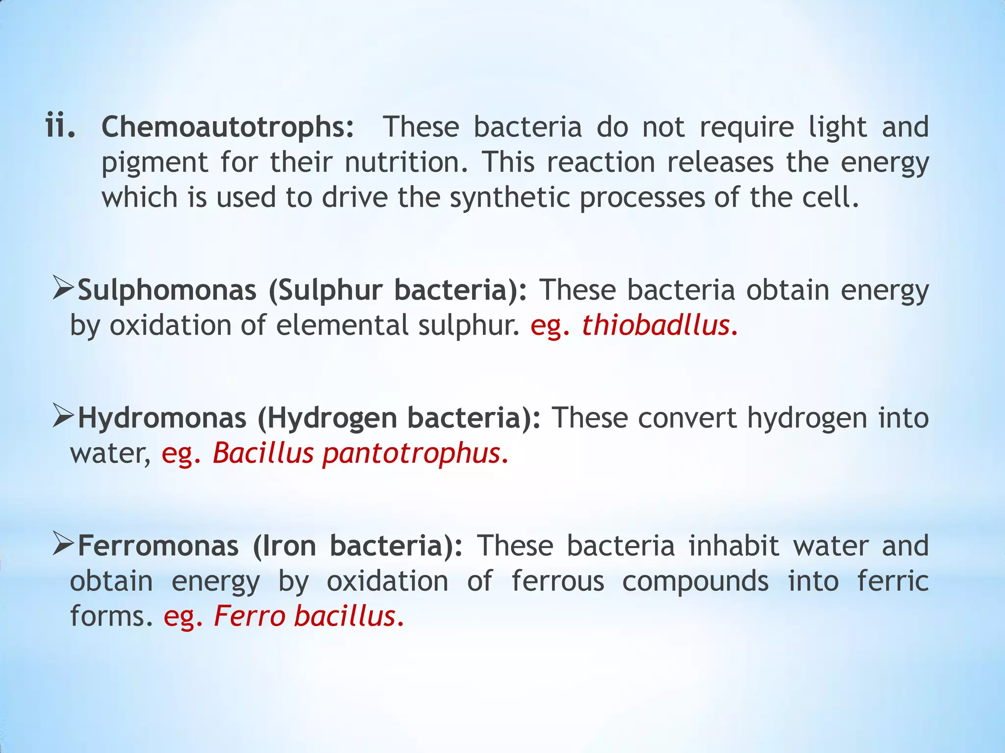 ii. Chemoautotrophs: These bacteria do not require light and
pigment for their nutrition. This reaction releases the energy
which is used to drive the synthetic processes of the cell.
Sulphomonas (Sulphur bacteria): These bacteria obtain energy
by oxidation of elemental sulphur. eg. thiobadllus.
Hydromonas (Hydrogen bacteria): These convert hydrogen into
water, eg. Bacillus pantotrophus.
Ferromonas (Iron bacteria): These bacteria inhabit water and
obtain energy by oxidation of ferrous compounds into ferric
forms. eg. Ferro bacillus.
 