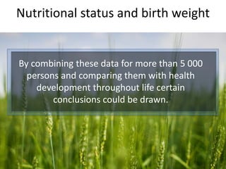 Nutritional status and birth weight
By combining these data for more than 5 000
persons and comparing them with health
development throughout life certain
conclusions could be drawn.
 