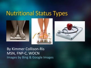 Nutritional Status Types
By Kimmer Collison-Ris
MSN, FNP-C, WOCN
Images by Bing & Google Images
 
