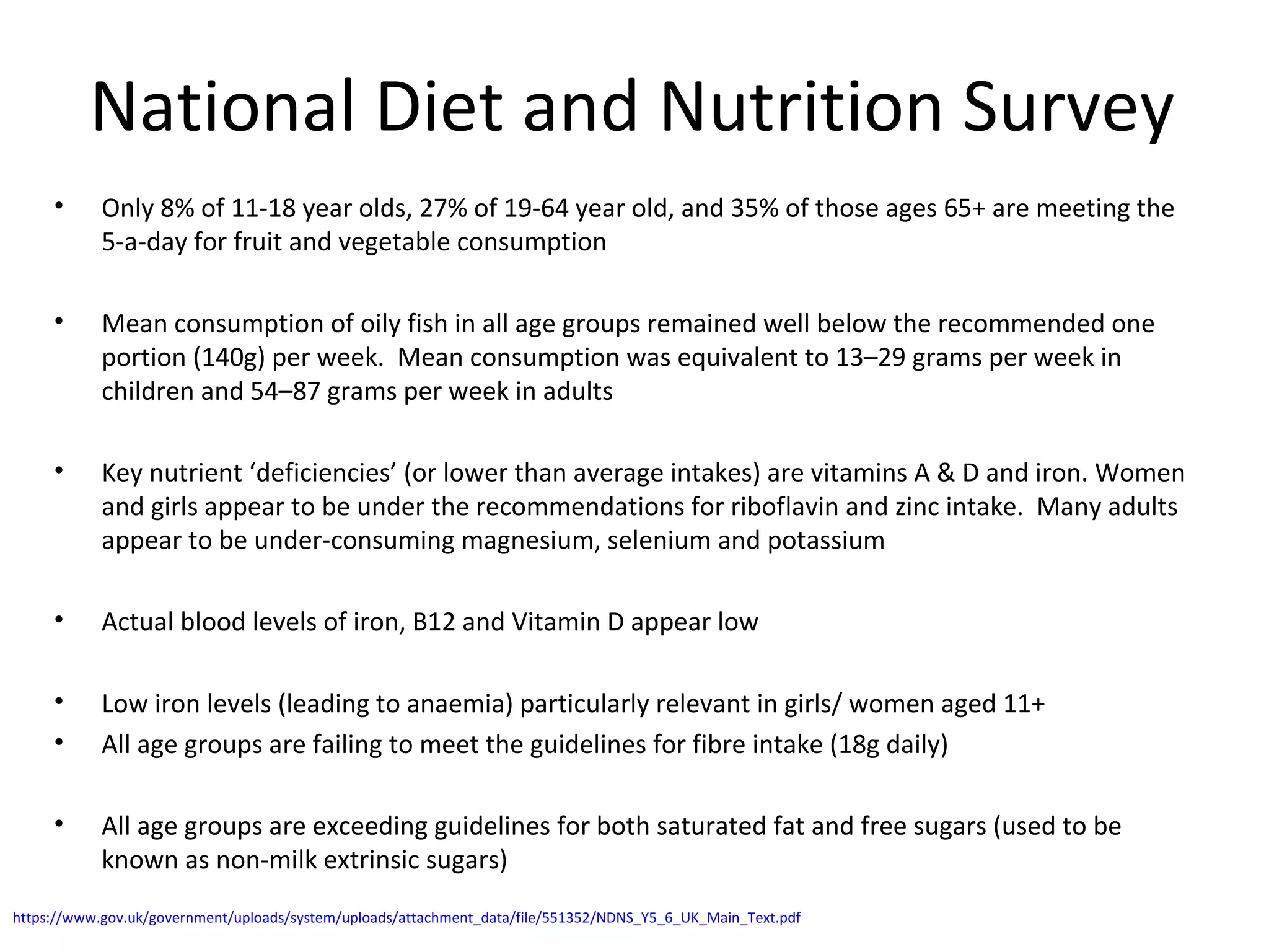 National Diet and Nutrition Survey
• Only 8% of 11-18 year olds, 27% of 19-64 year old, and 35% of those ages 65+ are meeting the 
5-a-day for fruit and vegetable consumption
• Mean consumption of oily fish in all age groups remained well below the recommended one 
portion (140g) per week.  Mean consumption was equivalent to 13–29 grams per week in 
children and 54–87 grams per week in adults
• Key nutrient ‘deficiencies’ (or lower than average intakes) are vitamins A & D and iron. Women 
and girls appear to be under the recommendations for riboflavin and zinc intake.  Many adults 
appear to be under-consuming magnesium, selenium and potassium
• Actual blood levels of iron, B12 and Vitamin D appear low
• Low iron levels (leading to anaemia) particularly relevant in girls/ women aged 11+ 
• All age groups are failing to meet the guidelines for fibre intake (18g daily) 
• All age groups are exceeding guidelines for both saturated fat and free sugars (used to be 
known as non-milk extrinsic sugars)
https://www.gov.uk/government/uploads/system/uploads/attachment_data/file/551352/NDNS_Y5_6_UK_Main_Text.pdf
 
