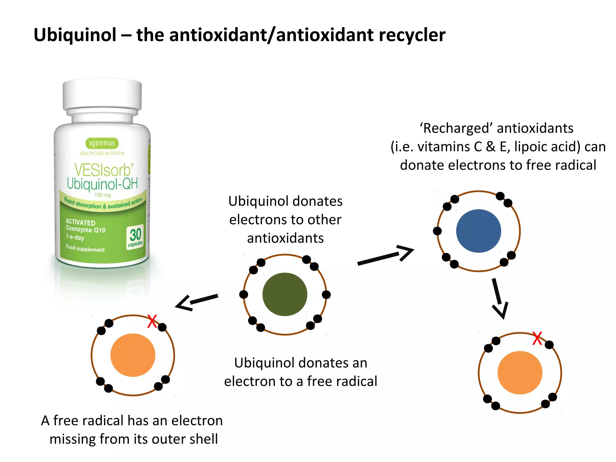 A free radical has an electron 
missing from its outer shell
X
Ubiquinol donates an
electron to a free radical
X
Ubiquinol donates 
electrons to other 
antioxidants
‘Recharged’ antioxidants 
(i.e. vitamins C & E, lipoic acid) can 
donate electrons to free radical
Ubiquinol – the antioxidant/antioxidant recycler
 