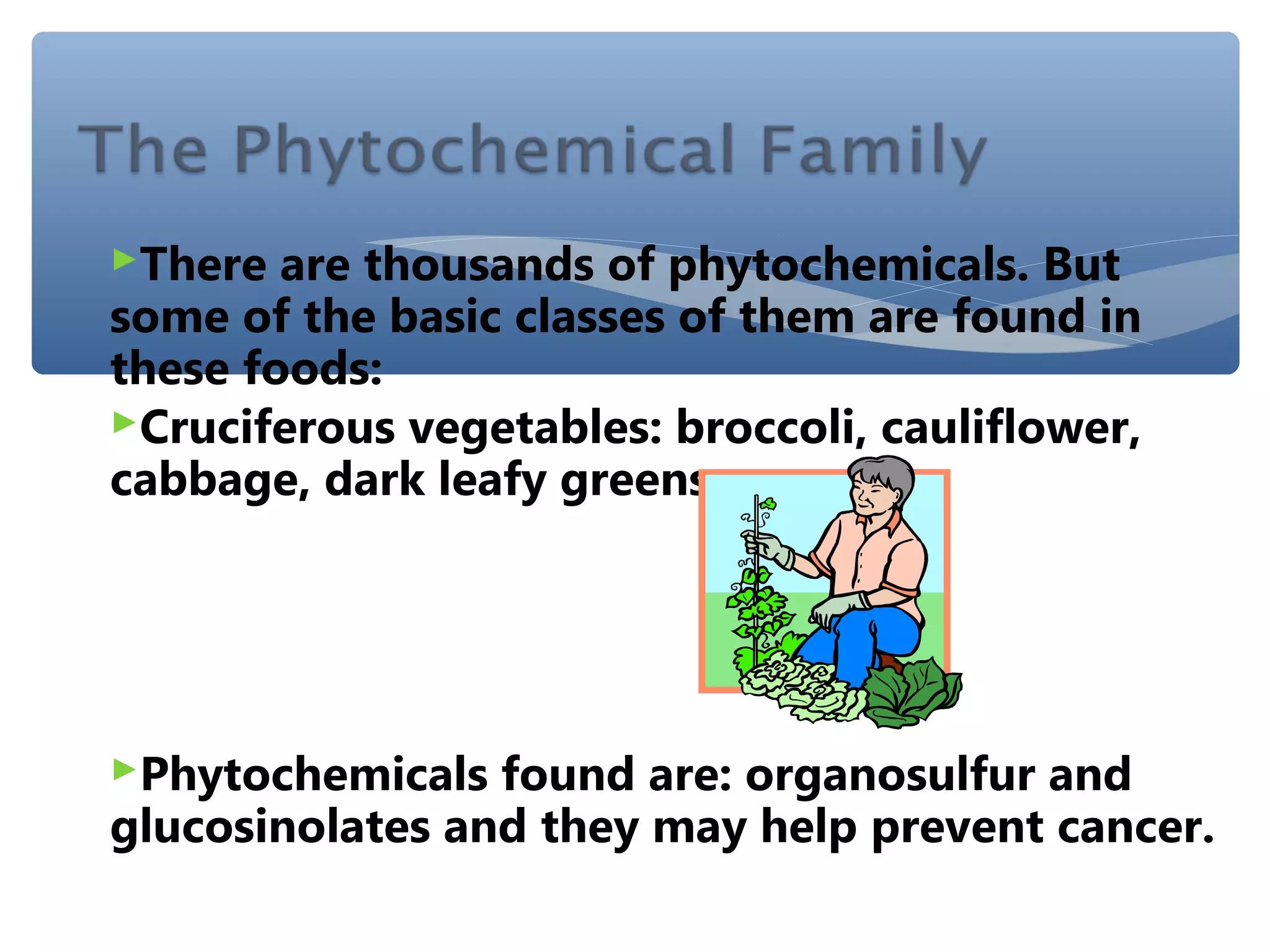 There are thousands of phytochemicals. But

some of the basic classes of them are found in
these foods:
Cruciferous vegetables: broccoli, cauliflower,
cabbage, dark leafy greens.

Phytochemicals found are: organosulfur and

glucosinolates and they may help prevent cancer.

 