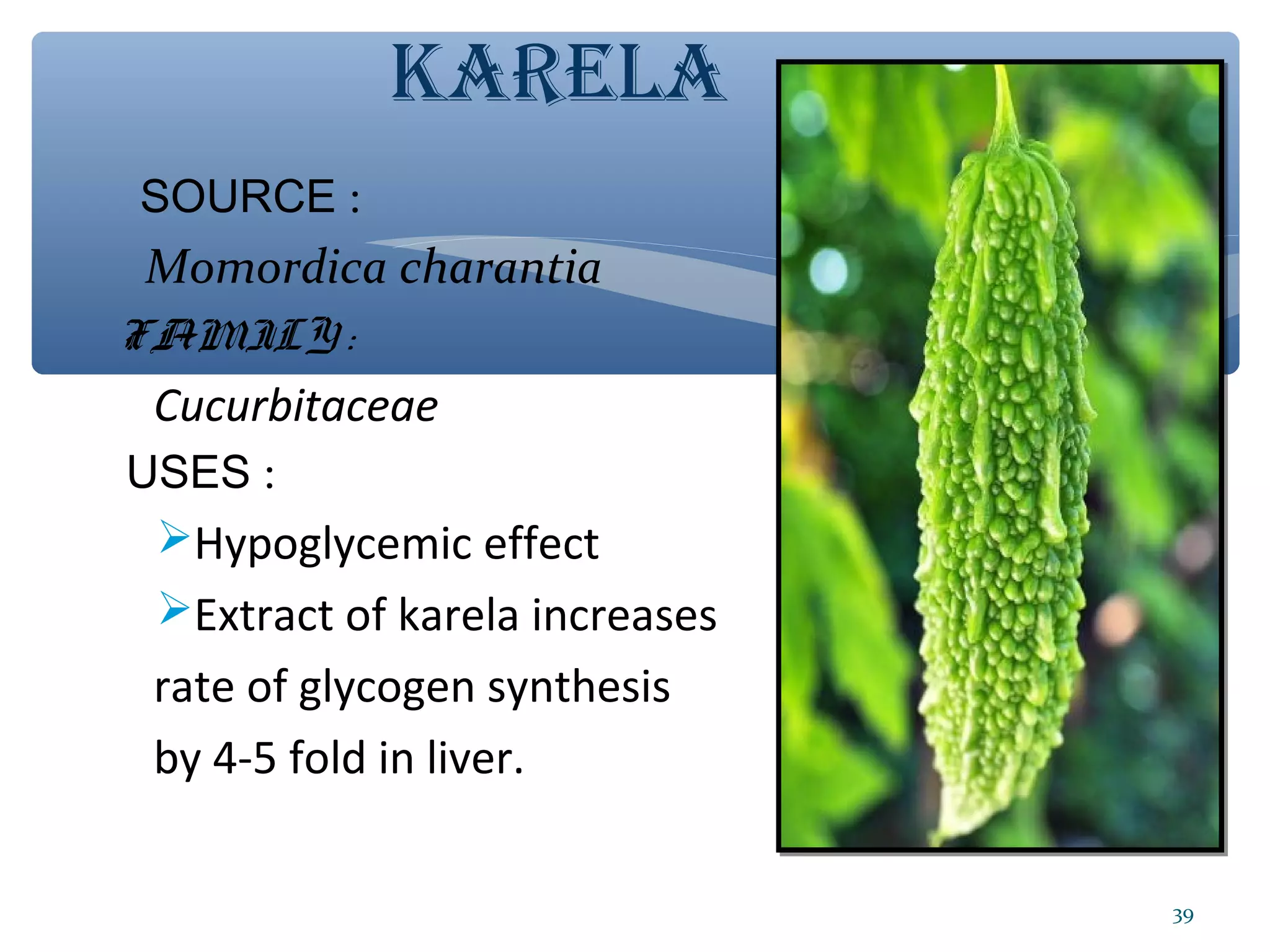 KARELA
SOURCE :

Momordica charantia
FAMILY :

Cucurbitaceae
USES :
Hypoglycemic effect

Extract of karela increases

rate of glycogen synthesis
by 4-5 fold in liver.
39

 