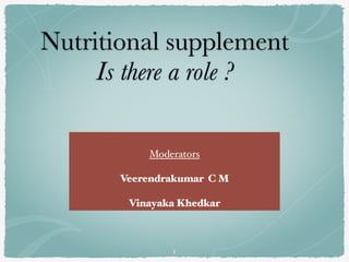 Nutritional supplement
 
Is there a role ?
Moderators
 

Veerendrakumar C M




Vinayaka Khedkar
1
 