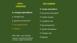 SIMPLE
STARVATION
↓ energy expenditure
↓ nitrogen loss
↓ glucose use by brain*
↑ use of fat for fuel
↑ lipolysis
* RBC, WBC, renal medulla,
neurons, muscles & intestinal
mucosa supply maintained
POST-SURGERY
↑ energy expenditure
↑ hormonal stimulation
↑ cellular activity
↑ metabolic rate
↑ gluconeogenesis
↑ protein breakdown
↑ nitrogen loss
↑Lipolysis
 