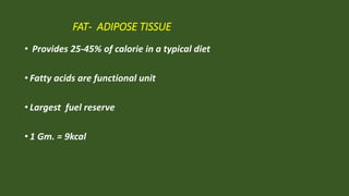 FAT- ADIPOSE TISSUE
• Provides 25-45% of calorie in a typical diet
• Fatty acids are functional unit
• Largest fuel reserve
• 1 Gm. = 9kcal
 