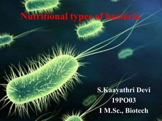 Nutritional types of bacteria
S.Kaayathri Devi
19PO03
I M.Sc., Biotech
 