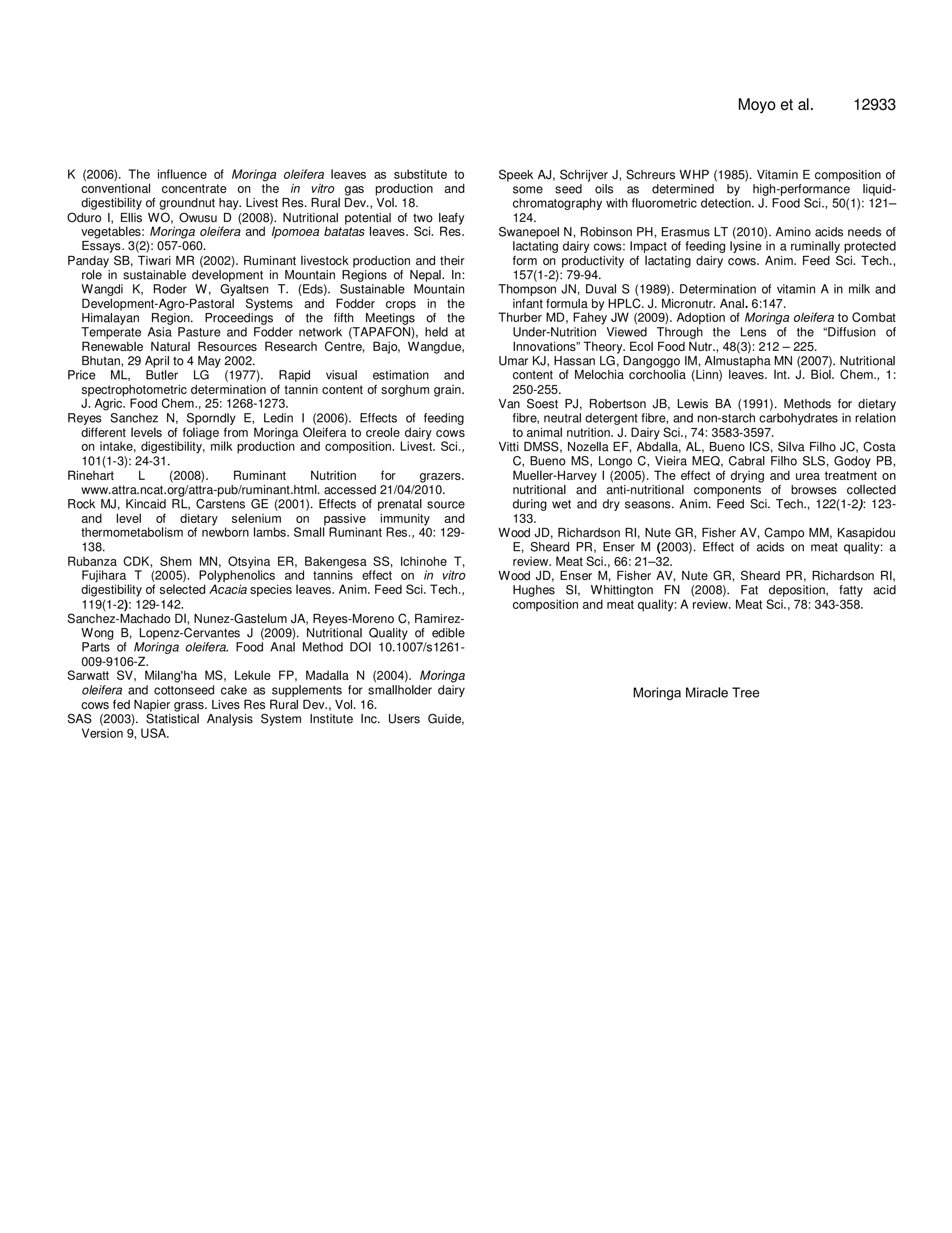 K (2006). The influence of Moringa oleifera leaves as substitute to 
conventional concentrate on the in vitro gas production and 
digestibility of groundnut hay. Livest Res. Rural Dev., Vol. 18. 
Oduro I, Ellis WO, Owusu D (2008). Nutritional potential of two leafy 
vegetables: Moringa oleifera and Ipomoea batatas leaves. Sci. Res. 
Essays. 3(2): 057-060. 
Panday SB, Tiwari MR (2002). Ruminant livestock production and their 
role in sustainable development in Mountain Regions of Nepal. In: 
Wangdi K, Roder W, Gyaltsen T. (Eds). Sustainable Mountain 
Development-Agro-Pastoral Systems and Fodder crops in the 
Himalayan Region. Proceedings of the fifth Meetings of the 
Temperate Asia Pasture and Fodder network (TAPAFON), held at 
Renewable Natural Resources Research Centre, Bajo, Wangdue, 
Bhutan, 29 April to 4 May 2002. 
Price ML, Butler LG (1977). Rapid visual estimation and 
spectrophotometric determination of tannin content of sorghum grain. 
J. Agric. Food Chem., 25: 1268-1273. 
Reyes Sanchez N, Sporndly E, Ledin I (2006). Effects of feeding 
different levels of foliage from Moringa Oleifera to creole dairy cows 
on intake, digestibility, milk production and composition. Livest. Sci., 
101(1-3): 24-31. 
Rinehart L (2008). Ruminant Nutrition for grazers. 
www.attra.ncat.org/attra-pub/ruminant.html. accessed 21/04/2010. 
Rock MJ, Kincaid RL, Carstens GE (2001). Effects of prenatal source 
and level of dietary selenium on passive immunity and 
thermometabolism of newborn lambs. Small Ruminant Res., 40: 129- 
138. 
Rubanza CDK, Shem MN, Otsyina ER, Bakengesa SS, Ichinohe T, 
Fujihara T (2005). Polyphenolics and tannins effect on in vitro 
digestibility of selected Acacia species leaves. Anim. Feed Sci. Tech., 
119(1-2): 129-142. 
Sanchez-Machado DI, Nunez-Gastelum JA, Reyes-Moreno C, Ramirez- 
Wong B, Lopenz-Cervantes J (2009). Nutritional Quality of edible 
Parts of Moringa oleifera. Food Anal Method DOI 10.1007/s1261- 
009-9106-Z. 
Sarwatt SV, Milang'ha MS, Lekule FP, Madalla N (2004). Moringa 
oleifera and cottonseed cake as supplements for smallholder dairy 
cows fed Napier grass. Lives Res Rural Dev., Vol. 16. 
SAS (2003). Statistical Analysis System Institute Inc. Users Guide, 
Version 9, USA. 
Moyo et al. 12933 
Speek AJ, Schrijver J, Schreurs WHP (1985). Vitamin E composition of 
some seed oils as determined by high-performance liquid-chromatography 
with fluorometric detection. J. Food Sci., 50(1): 121– 
124. 
Swanepoel N, Robinson PH, Erasmus LT (2010). Amino acids needs of 
lactating dairy cows: Impact of feeding lysine in a ruminally protected 
form on productivity of lactating dairy cows. Anim. Feed Sci. Tech., 
157(1-2): 79-94. 
Thompson JN, Duval S (1989). Determination of vitamin A in milk and 
infant formula by HPLC. J. Micronutr. Anal. 6:147. 
Thurber MD, Fahey JW (2009). Adoption of Moringa oleifera to Combat 
Under-Nutrition Viewed Through the Lens of the “Diffusion of 
Innovations” Theory. Ecol Food Nutr., 48(3): 212 – 225. 
Umar KJ, Hassan LG, Dangoggo IM, Almustapha MN (2007). Nutritional 
content of Melochia corchoolia (Linn) leaves. Int. J. Biol. Chem., 1: 
250-255. 
Van Soest PJ, Robertson JB, Lewis BA (1991). Methods for dietary 
fibre, neutral detergent fibre, and non-starch carbohydrates in relation 
to animal nutrition. J. Dairy Sci., 74: 3583-3597. 
Vitti DMSS, Nozella EF, Abdalla, AL, Bueno ICS, Silva Filho JC, Costa 
C, Bueno MS, Longo C, Vieira MEQ, Cabral Filho SLS, Godoy PB, 
Mueller-Harvey I (2005). The effect of drying and urea treatment on 
nutritional and anti-nutritional components of browses collected 
during wet and dry seasons. Anim. Feed Sci. Tech., 122(1-2): 123- 
133. 
Wood JD, Richardson RI, Nute GR, Fisher AV, Campo MM, Kasapidou 
E, Sheard PR, Enser M (2003). Effect of acids on meat quality: a 
review. Meat Sci., 66: 21–32. 
Wood JD, Enser M, Fisher AV, Nute GR, Sheard PR, Richardson RI, 
Hughes SI, Whittington FN (2008). Fat deposition, fatty acid 
composition and meat quality: A review. Meat Sci., 78: 343-358. 
Moringa Miracle Tree 
