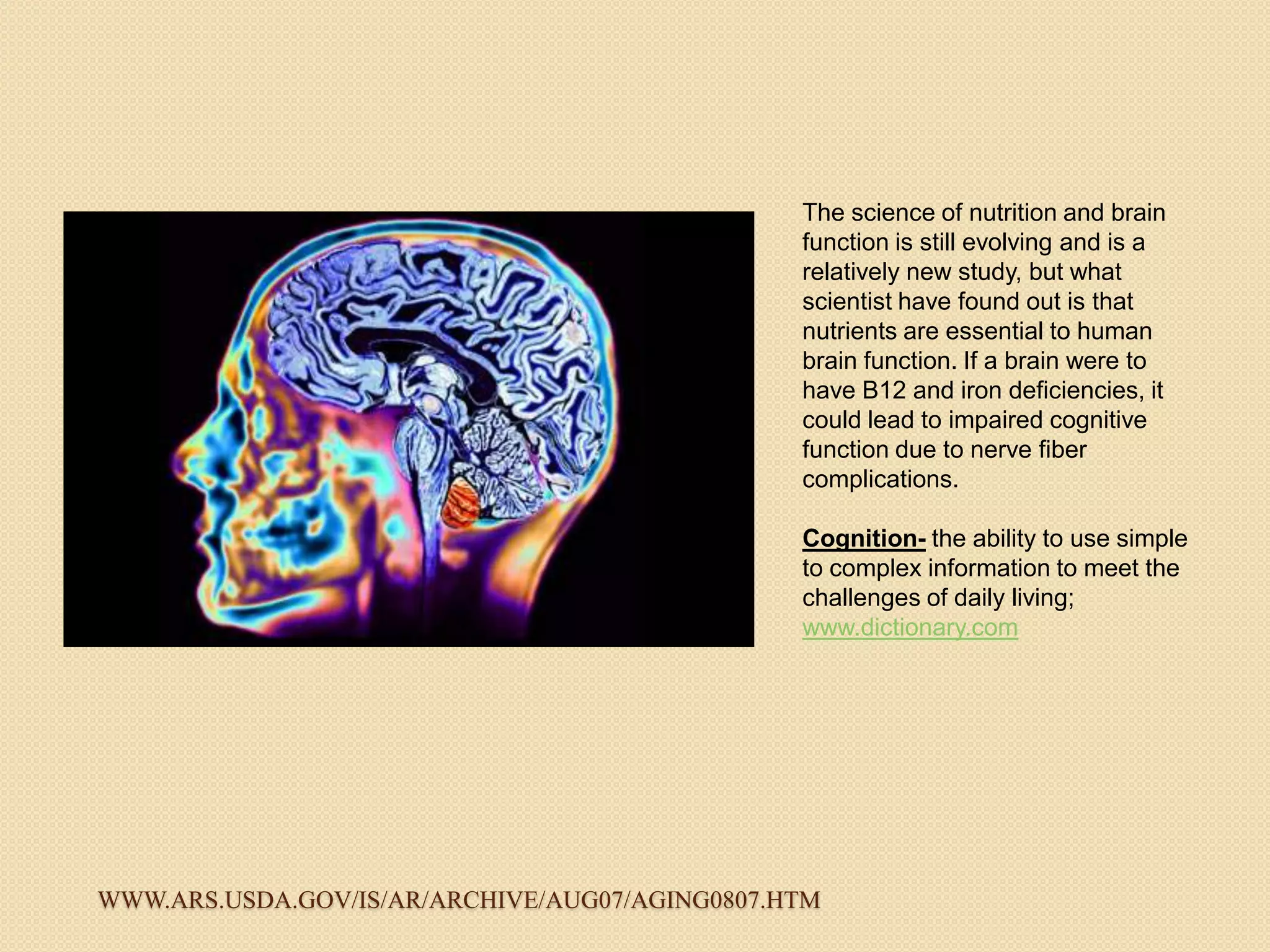 The science of nutrition and brain
                                                function is still evolving and is a
                                                relatively new study, but what
                                                scientist have found out is that
                                                nutrients are essential to human
                                                brain function. If a brain were to
                                                have B12 and iron deficiencies, it
                                                could lead to impaired cognitive
                                                function due to nerve fiber
                                                complications.

                                                Cognition- the ability to use simple
                                                to complex information to meet the
                                                challenges of daily living;
                                                www.dictionary.com




WWW.ARS.USDA.GOV/IS/AR/ARCHIVE/AUG07/AGING0807.HTM
 