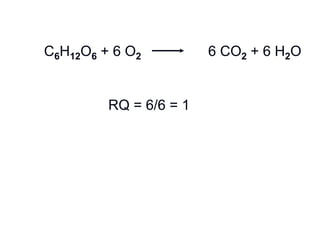 C6H12O6 + 6 O2 6 CO2 + 6 H2O
RQ = 6/6 = 1
 