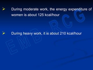  During moderate work, the energy expenditure of
women is about 125 kcal/hour
 During heavy work, it is about 210 kcal/hour
 