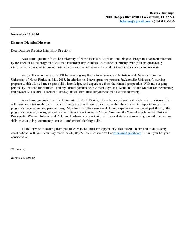 Nutrition and dietetics internship cover letter