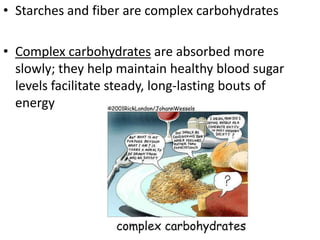 • Starches and fiber are complex carbohydrates
• Complex carbohydrates are absorbed more
slowly; they help maintain healthy blood sugar
levels facilitate steady, long-lasting bouts of
energy

 