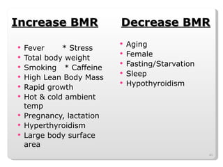 Increase BMR   Decrease BMR Fever * Stress Total body weight Smoking  * Caffeine High Lean Body Mass  Rapid growth Hot & cold ambient temp Pregnancy, lactation Hyperthyroidism Large body surface area Aging Female Fasting/Starvation Sleep Hypothyroidism 