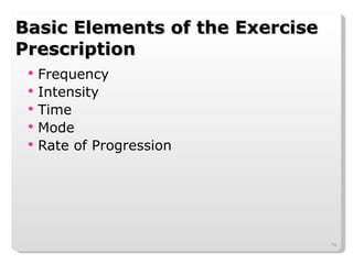 Basic Elements of the Exercise Prescription Frequency Intensity Time Mode Rate of Progression 