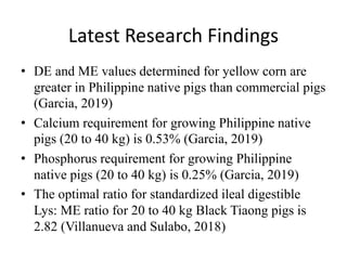 • DE and ME values determined for yellow corn are
greater in Philippine native pigs than commercial pigs
(Garcia, 2019)
• Calcium requirement for growing Philippine native
pigs (20 to 40 kg) is 0.53% (Garcia, 2019)
• Phosphorus requirement for growing Philippine
native pigs (20 to 40 kg) is 0.25% (Garcia, 2019)
• The optimal ratio for standardized ileal digestible
Lys: ME ratio for 20 to 40 kg Black Tiaong pigs is
2.82 (Villanueva and Sulabo, 2018)
Latest Research Findings
 
