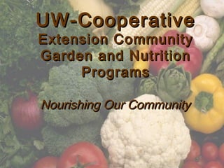 UW-CooperativeUW-Cooperative
Extension CommunityExtension Community
Garden and NutritionGarden and Nutrition
ProgramsPrograms
Nourishing Our CommunityNourishing Our Community
 