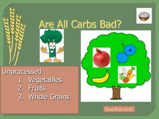 Unprocessed
1. Vegetables
2. Fruits
3. Whole Grains
Food Rule #19!!
 