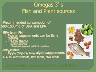 ž Recommended consumption of
500-1000mg of DHA and EPA
ž EPA from Fish
•  Fish oil supplements can be fishy
tasting
•  Freeze them!
–  Nordic Naturals
–  Sustainable approach to fish oil – sardines
ž DHA sources
•  Eggs, yogurt, soy, algae supplements
ž ALA sources walnuts, flax seeds, chia seeds
http://www.whfoods.com/genpage.php?tname=nutrient&dbid=84
 