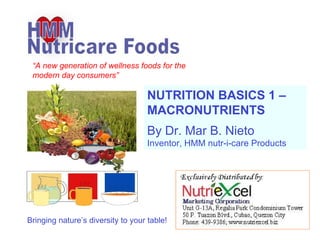 NUTRITION BASICS 1 – MACRONUTRIENTS By Dr. Mar B. Nieto  Inventor, HMM nutr-i-care Products Bringing nature’s diversity to your table! “ A new generation of wellness foods for the modern day consumers” 