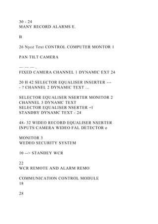 30 - 24
MANY RECORD ALARMS E.
B
26 Nyce Text CONTROL COMPUTER MONTOR 1
PAN TILT CAMERA
— — — .
FIXED CAMERA CHANNEL 1 DYNAMIC EXT 24
20 H 42 SELECTOR EQUALISER INSERTER ---
- ? CHANNEL 2 DYNAMIC TEXT ...
SELECTOR EQUALISER NSERTER MONITOR 2
CHANNEL 3 DYNAMC TEXT
SELECTOR EQUALISER NSERTER =l
STANDBY DYNAMC TEXT - 24
48- 32 WIDEO RECORD EQUALISER NSERTER
INPUTS CAMERA WIDEO FAL DETECTOR e
MONITOR 3
WEDEO SECURITY SYSTEM
10 --> STANDEY WCR
22
WCR REMOTE AND ALARM REMO
COMMUNICATION CONTROL MODULE
18
28
 