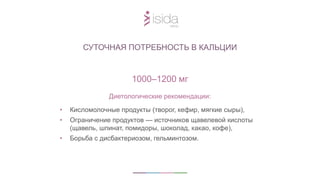 1000–1200 мг
Диетологические рекомендации:
• Кисломолочные продукты (творог, кефир, мягкие сыры),
• Ограничение продуктов — источников щавелевой кислоты
(щавель, шпинат, помидоры, шоколад, какао, кофе),
• Борьба с дисбактериозом, гельминтозом.
СУТОЧНАЯ ПОТРЕБНОСТЬ В КАЛЬЦИИ
 