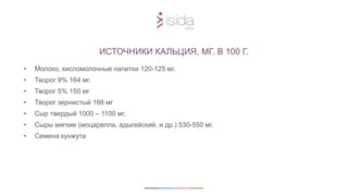• Молоко, кисломолочные напитки 120-125 мг.
• Творог 9% 164 мг.
• Творог 5% 150 мг
• Творог зернистый 166 мг
• Сыр твердый 1000 – 1100 мг.
• Сыры мягкие (моцарелла, адыгейский, и др.) 530-550 мг.
• Семена кунжута
ИСТОЧНИКИ КАЛЬЦИЯ, МГ. В 100 Г.
 