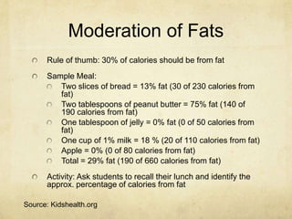 Moderation of Fats
      Rule of thumb: 30% of calories should be from fat
      Sample Meal:
         Two slices of bread = 13% fat (30 of 230 calories from
         fat)
         Two tablespoons of peanut butter = 75% fat (140 of
         190 calories from fat)
         One tablespoon of jelly = 0% fat (0 of 50 calories from
         fat)
         One cup of 1% milk = 18 % (20 of 110 calories from fat)
         Apple = 0% (0 of 80 calories from fat)
         Total = 29% fat (190 of 660 calories from fat)
      Activity: Ask students to recall their lunch and identify the
      approx. percentage of calories from fat

Source: Kidshealth.org
 