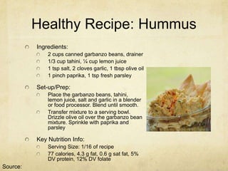 Healthy Recipe: Hummus
          Ingredients:
              2 cups canned garbanzo beans, drainer
              1/3 cup tahini, ¼ cup lemon juice
              1 tsp salt, 2 cloves garlic, 1 tbsp olive oil
              1 pinch paprika, 1 tsp fresh parsley

          Set-up/Prep:
              Place the garbanzo beans, tahini,
              lemon juice, salt and garlic in a blender
              or food processor. Blend until smooth.
              Transfer mixture to a serving bowl.
              Drizzle olive oil over the garbanzo bean
              mixture. Sprinkle with paprika and
              parsley

          Key Nutrition Info:
              Serving Size: 1/16 of recipe
              77 calories, 4.3 g fat, 0.6 g sat fat, 5%
              DV protein, 12% DV folate
Source:
 