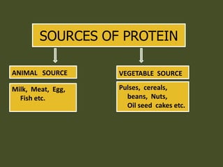 SOURCES OF PROTEIN
ANIMAL SOURCE
Milk, Meat, Egg,
Fish etc.
VEGETABLE SOURCE
Pulses, cereals,
beans, Nuts,
Oil seed cakes etc.
 