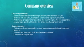 Company overview
Core competencies:
• One stop destination for finding nutrition plans tailored to you.
• Reduced hit and trial, backed by science and expert nutritionist.
• Wide range of options for selecting the nutrition plan for you depending
on your age, gender, lifestyle, life phase (post pregnancy etc.)
Strategic assets
• Follows the freemium model, with a premium subscription with added
features
• In-app advertisements, that will generate revenue
• Communication partners
 