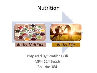 Nutrition
Prepared By: Pratibha Oli
MPH 21st Batch
Roll No: 384
Better Nutrition Better Life
 