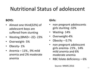 Nutritional Status of adolescent
BOYS:
• Almost one third(32%) of
adolescent boys are
suffered from stunting
• Wasting (BMIZ< -2Z)- 23%
• Overweight- 5%
• Obesity- 1%
• Anemia – 11% , 9% mild
anemia and 2% moderate
anemia
Girls:
• non pregnant adolescents
girls stunting -32%
• Wasting- 14%
• Overweight-4%
• Obesity – 0.7%
• non pregnant adolescent
girls anemia- 21% , 14%
mild anemia and 6%
moderate anemia
• RBC folate deficiency – 6%
Source: NNMS 2016
44
 