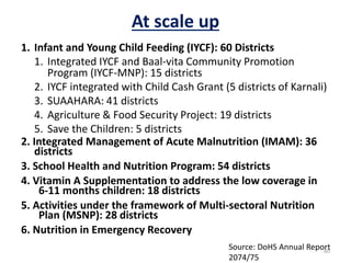 At scale up
1. Infant and Young Child Feeding (IYCF): 60 Districts
1. Integrated IYCF and Baal-vita Community Promotion
Program (IYCF-MNP): 15 districts
2. IYCF integrated with Child Cash Grant (5 districts of Karnali)
3. SUAAHARA: 41 districts
4. Agriculture & Food Security Project: 19 districts
5. Save the Children: 5 districts
2. Integrated Management of Acute Malnutrition (IMAM): 36
districts
3. School Health and Nutrition Program: 54 districts
4. Vitamin A Supplementation to address the low coverage in
6-11 months children: 18 districts
5. Activities under the framework of Multi-sectoral Nutrition
Plan (MSNP): 28 districts
6. Nutrition in Emergency Recovery
60
Source: DoHS Annual Report
2074/75
 