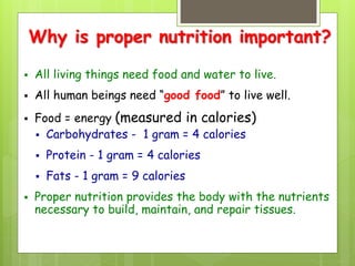 Why is proper nutrition important?
 All living things need food and water to live.
 All human beings need “good food” to live well.
 Food = energy (measured in calories)
 Carbohydrates - 1 gram = 4 calories
 Protein - 1 gram = 4 calories
 Fats - 1 gram = 9 calories
 Proper nutrition provides the body with the nutrients
necessary to build, maintain, and repair tissues.
 