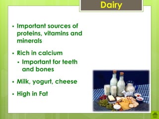 Dairy
 Important sources of
proteins, vitamins and
minerals
 Rich in calcium
 Important for teeth
and bones
 Milk, yogurt, cheese
 High in Fat
 