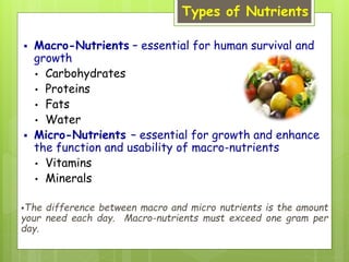 Types of Nutrients
 Macro-Nutrients – essential for human survival and
growth
• Carbohydrates
• Proteins
• Fats
• Water
 Micro-Nutrients – essential for growth and enhance
the function and usability of macro-nutrients
• Vitamins
• Minerals
The difference between macro and micro nutrients is the amount
your need each day. Macro-nutrients must exceed one gram per
day.
 