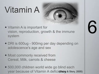 Vitamin A6Vitamin A is important for vision, reproduction, growth & the immune systemDRI is 600ug - 900mg per day depending on adolescence's age and sexMost commonly received from Cereal, Milk, carrots & cheese500,000 children world wide go blind each year because of Vitamin A deficiency (Stang & Story, 2005) 