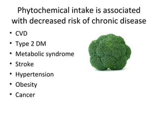 Phytochemical intake is associated
with decreased risk of chronic disease
•   CVD
•   Type 2 DM
•   Metabolic syndrome
•   Stroke
•   Hypertension
•   Obesity
•   Cancer
 