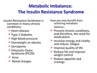 Metabolic Imbalance:
          The Insulin Resistance Syndrome
Insulin Resistance Syndrome is   How you may benefit from
   common in many chronic          achieving metabolic
   conditions:                     balance :
     Heart disease               Prevent chronic conditions,
     Type 2 Diabetes              and therefore, the need for
     High blood pressure          medications
                                  Increase energy and vitality
     Overweight an obesity
                                   and reduce fatigue
     Sarcopenia                  Improve quality of life
     Polycystic Ovary            Reduce fat and improve
       Syndrome (PCOS)             weight control
     Acne                        Reduce appetite and
     Mood changes                 cravings
 