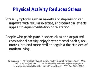 Physical Activity Reduces Stress
Stress symptoms such as anxiety and depression can
  improve with regular exercise, and beneficial effects
  appear to equal meditation or relaxation.

People who participate in sports clubs and organised
  recreational activity enjoy better mental health, are
  more alert, and more resilient against the stresses of
  modern living.


 References; (1) Physical activity and mental health: current concepts. Sports Med.
       2000 Mar;29(3):167-80. (2) The relationship between organised physical
     recreation and mental health. Health Promot J Austr. 2007 Dec;18(3):236-9.
 