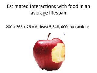 Estimated interactions with food in an
           average lifespan

200 x 365 x 76 = At least 5,548, 000 interactions
 