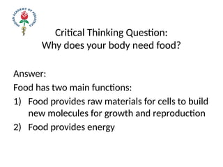 Critical Thinking Question:
Why does your body need food?
Answer:
Food has two main functions:
1) Food provides raw materials for cells to build
new molecules for growth and reproduction
2) Food provides energy
 