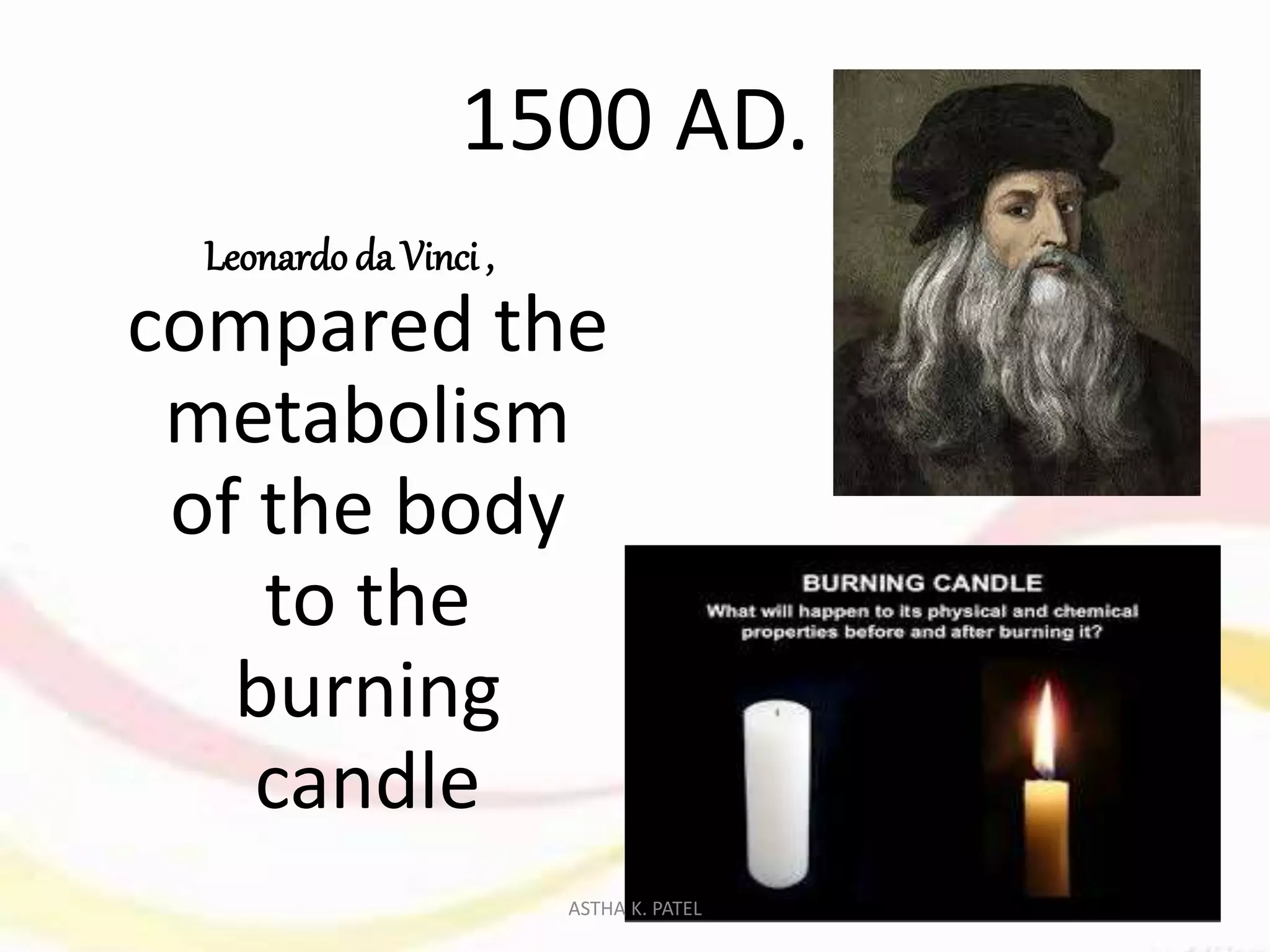 1500 AD.
Leonardo da Vinci ,
compared the
metabolism
of the body
to the
burning
candle
ASTHA K. PATEL
 