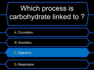 Which process is
carbohydrate linked to ?

 A. Circulation.


 B. Excretion.


 C. Digestive.


 D. Respiration.
 